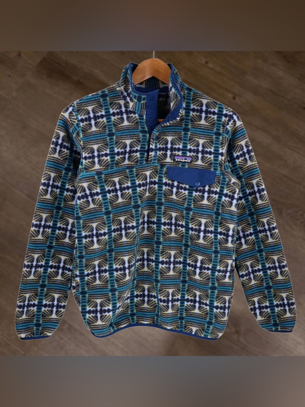 Patagonia Teal Navy Cream Patterned Snap-T Fleece Pullover